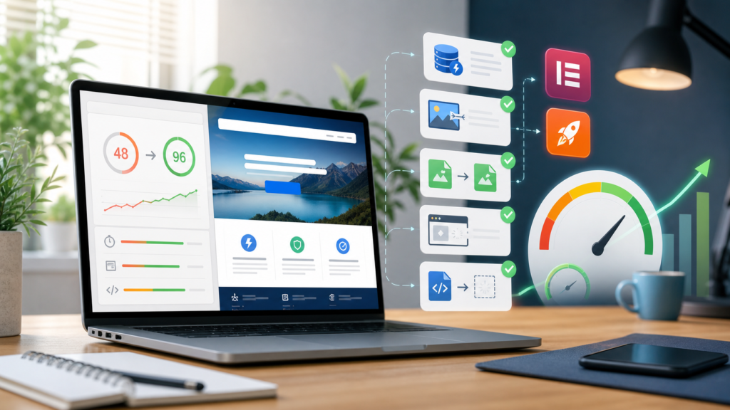 Painel de desempenho digital em um notebook, com indicadores de otimização, velocidade e progresso de tarefas
