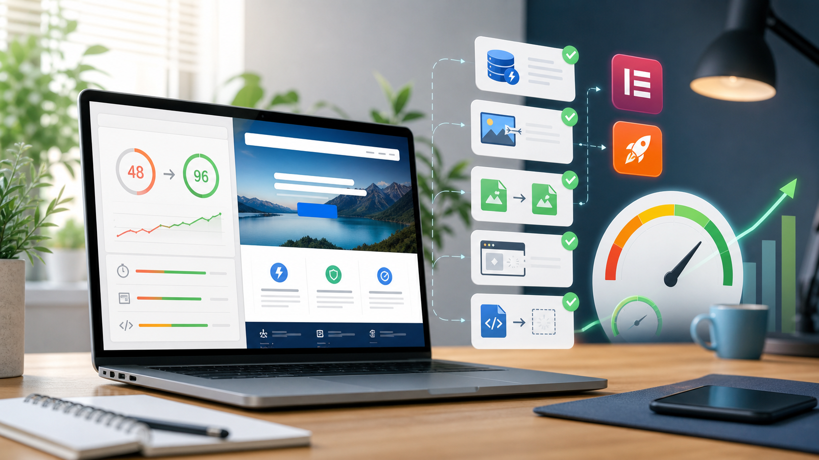 Painel de desempenho digital em um notebook, com indicadores de otimização, velocidade e progresso de tarefas